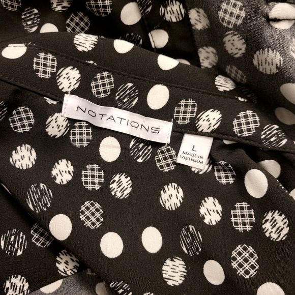 Black Notations Button Down White Polka Dot Dressy Blouse L - Picture 5 of 6